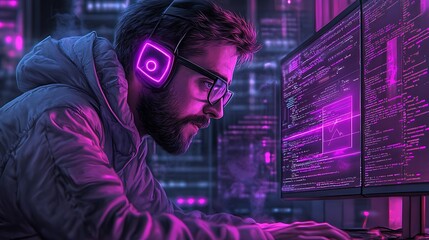 A focused programmer immersed in coding with futuristic aesthetic in a vibrant cityscape