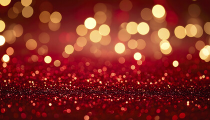 Poster - Deep red glitter foreground with soft glowing lights creates magical holiday atmosphere