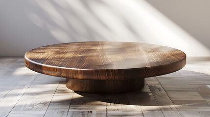 Poster - A round wooden table with a rich grain pattern sits on a lightcolored wooden floor, illuminated by soft, diffused light creating a warm and inviting scene