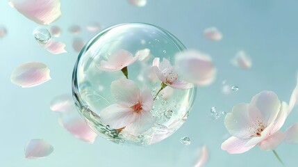 Poster - Transparent water bubble encapsulating pink cherry blossom petals, delicate droplets suspended, creating ethereal botanical landscape with soft, dreamlike visual composition