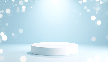 Poster - circular platform frosty pastel blue backdrop, illuminated by soft light, creates serene