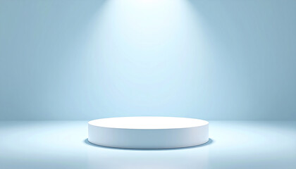 Poster - minimalistic round platform illuminated by soft spotlight against frosty pastel blue backdrop