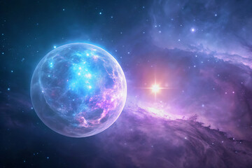 earth and sun, luminous orb pulsing in grainy space