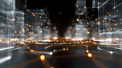 Poster - Abstract representation of a futuristic city skyline with glowing lights and geometric shapes in focus