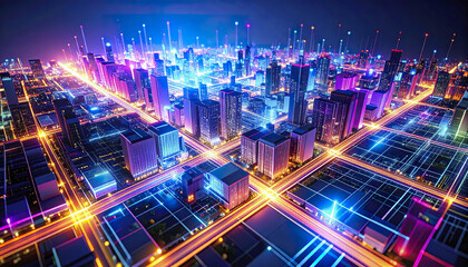 Poster - Futuristic cityscape with vibrant lights and abstract structures creating dynamic atmosphere