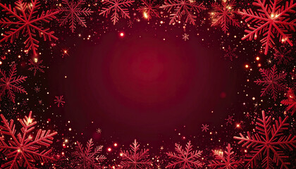 Poster - Glowing red snowflakes drift across dark ruby background, creating festive atmosphere