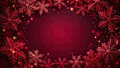 Poster - Glowing red snowflakes drift across dark ruby background, creating festive atmosphere