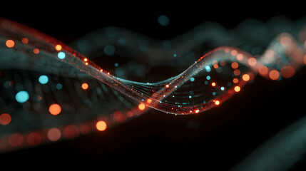 Poster - Abstract network data flow visualization with glowing particles connecting on a dark background