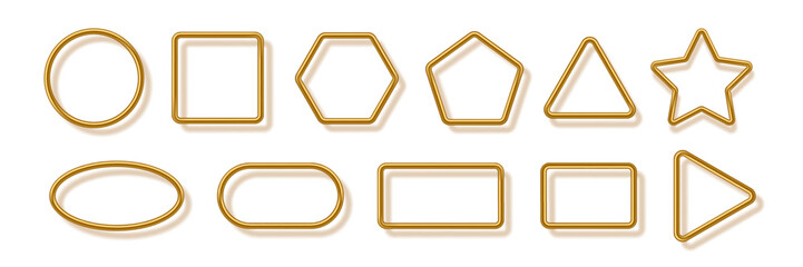 Gold metal photo frames set on white. Golden tube frames with shadow. Collection of geometric shapes: square, circle, triangle, rectangle, oval, pentagon, heart, star, ring. Vector illustration.