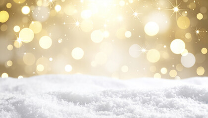 Poster - Soft winter snow with shimmering beige and gold bokeh background creates magical atmosphere