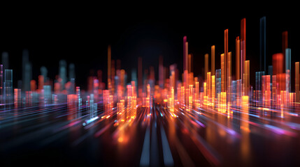 Poster - Futuristic cityscape with vibrant light trails depicts digital age technology and communication network