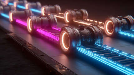 Poster - Futuristic conveyor belt with glowing neon lights illuminating robotic machinery in dynamic motion