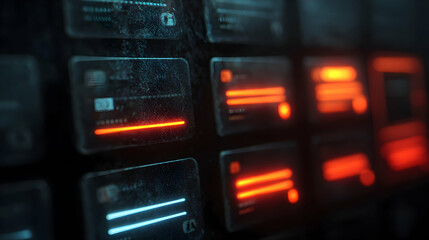 Poster - Cyberpunk credit card display a neon glow illuminates various financial instruments futuristic vision