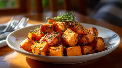 Wall Mural - Roasted Sweet Potato Cubes with Fresh Herbs on a White Plate