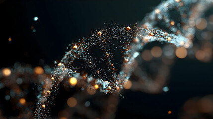 Poster - Abstract depiction of dna strand with particles representing genetic code and scientific research