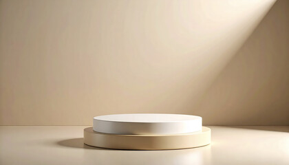 Poster - minimalist display on soft beige background with low platform