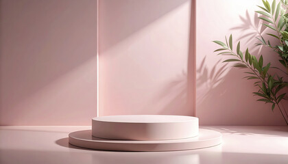 Poster - Minimalist display platform in soft pink setting with natural light and greenery