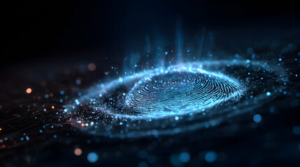 Poster - Abstract digital fingerprint with glowing particles representing security and identification scanning technology