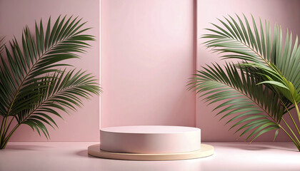 Poster - Muted pink backdrop with real palm leaves framing low stand, creating serene atmosphere