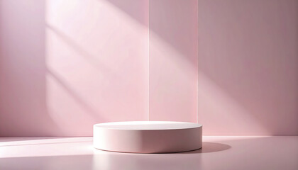 Poster - minimalistic display with round pedestal on muted dusty pink background, softly lit