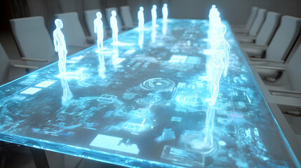 Poster - Futuristic holographic meeting table with digital human representations and data visualization displays future technology
