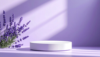 Poster - clean platform with lavender wall and flowers, creating serene atmosphere
