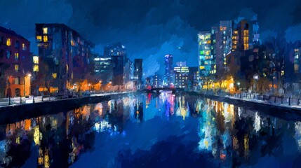 Wall Mural - Moonlit canal with city lights reflected in water, abstract watercolor style, cool blue tones, impressionistic urban night scene 