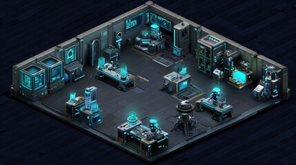 Poster - Futuristic laboratory interior with glowing technology.