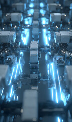 Poster - Futuristic technological background showcasing abstract structures with vibrant blue neon lights creating an immersive atmosphere
