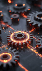 Poster - Intricate mechanical gears illuminated with vibrant orange lights showcasing engineering precision and technological innovation