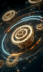Poster - Golden gears interconnected showcasing technology evolution and mechanical precision in abstract art and design