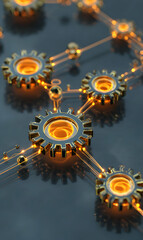 Poster - Complex network of golden gears interconnected by glowing lines creating a futuristic and technological connection