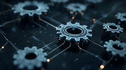 Poster - Gears connected by lines symbolize the intricate workings of technology and engineering solutions with a conceptual design