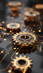Poster - Intricate interlocking gears and digital pathways creating a visually stunning representation of technology innovation synergy