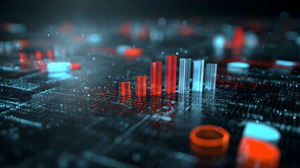Poster - Abstract futuristic background with rising bar graph, data flow and network connectivity analysis concept