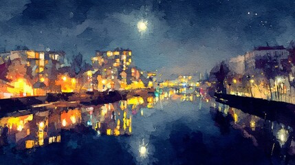 Wall Mural - Moonlit canal with city lights reflected in water, abstract watercolor style, cool blue tones, impressionistic urban night scene 