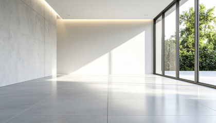 Poster - spacious room with smooth cement floor and neutral walls, featuring large windows that let