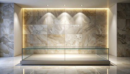 Poster - modern display area featuring smooth stone toned wall and clear acrylic surface, illuminated