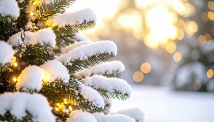 Poster - Snow dusted fir tree adorned with golden lights, creating dreamy winter atmosphere