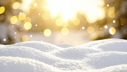 Poster - serene snowy landscape with warm golden bokeh and floating sparkles creates ethereal atmosphere