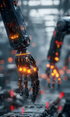 Poster - Futuristic robotic arms extending from metallic infrastructure creating a technological dystopian landscape envisioning future automation