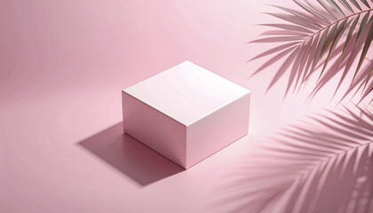 Poster - Soft dusty pink scene with diagonal palm leaf shadows and clear block object