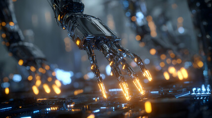 Poster - Futuristic robotic hand with glowing fingertips reaches down in a technological environment with complex circuitry