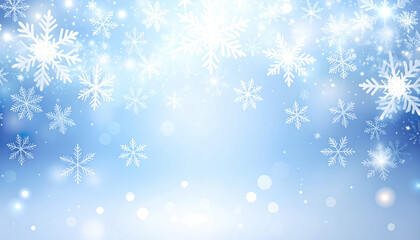 Poster - Soft gradient winter background in icy blue with glowing sparkles and floating snowflakes