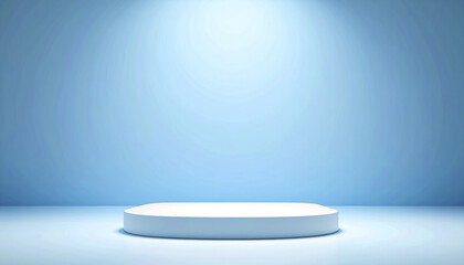 Poster - smooth, white platform is illuminated against soft sky blue backdrop, creating serene atmosphere