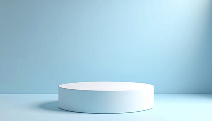 Poster - soft sky blue seamless backdrop with round pedestal on matte surface creates serene atmosphere