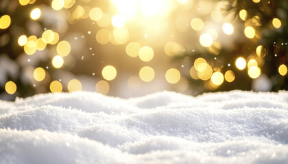 Poster - Soft focus golden festive lights over snowy ground create dreamy winter atmosphere