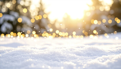 Poster - Soft focus golden lights twinkle over snowy ground, creating dreamy winter atmosphere