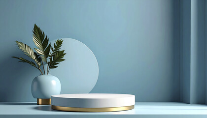 Poster - sleek pedestal with round base showcases vase and greenery against blue wall
