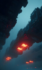 Poster - Futuristic cityscape showcasing towering structures bathed in an ethereal glowing light during twilight hours